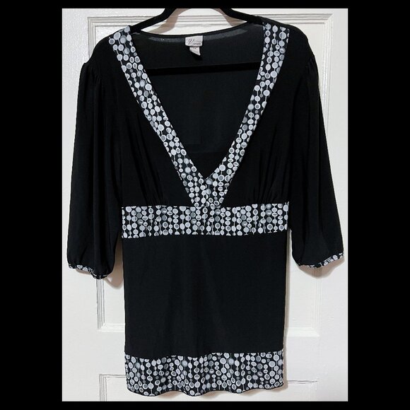 Venezia Womens Black/White Polka Short Sleeve Tie Back Tunic Top Sz 14/16 EUC - Picture 1 of 2